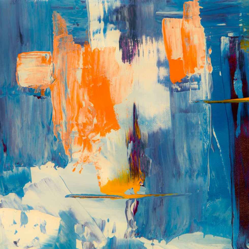 blue white and orange abstract painting